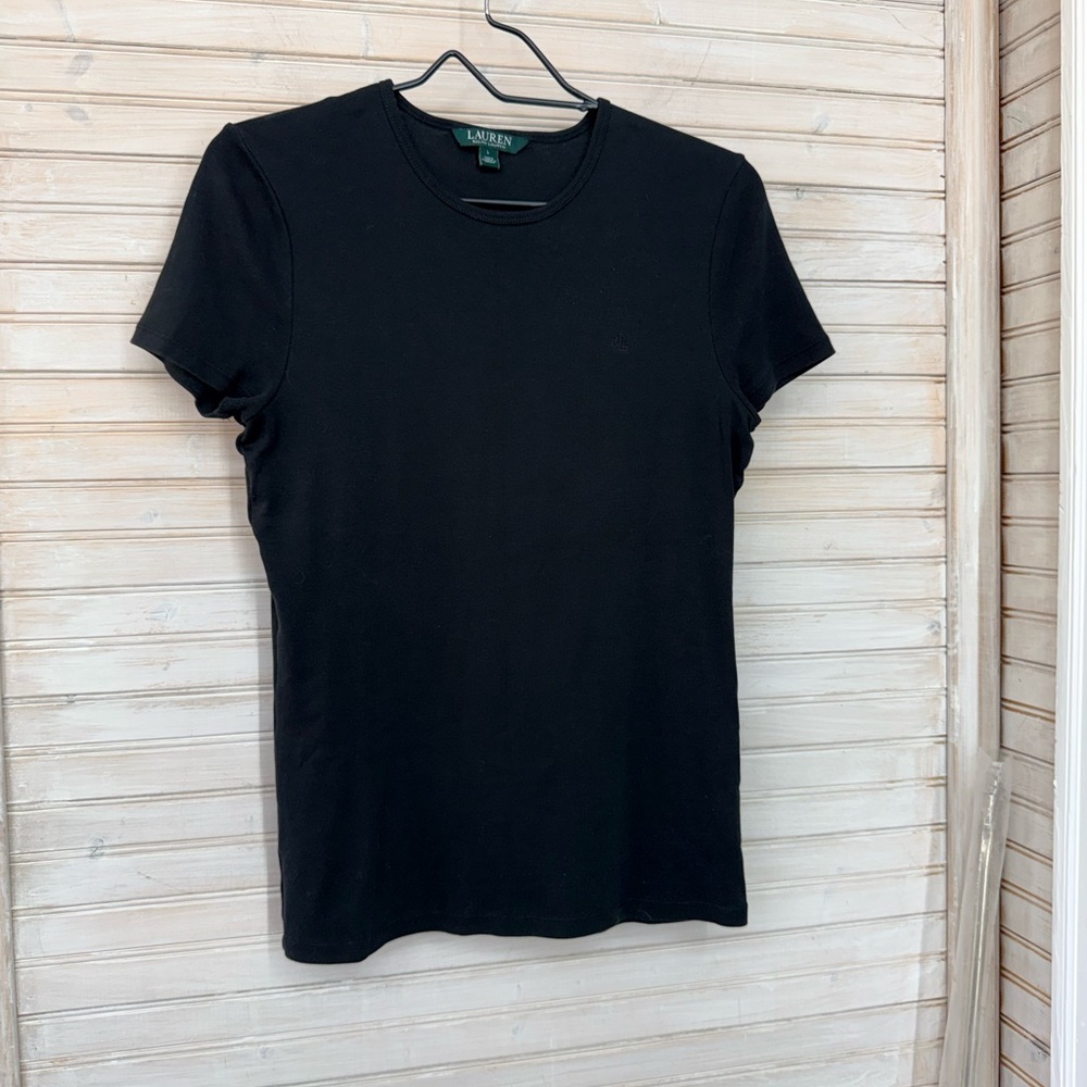 Lauren Ralph Lauren Women’s L Black Ribbed Crewneck Tee with Short Sleeve